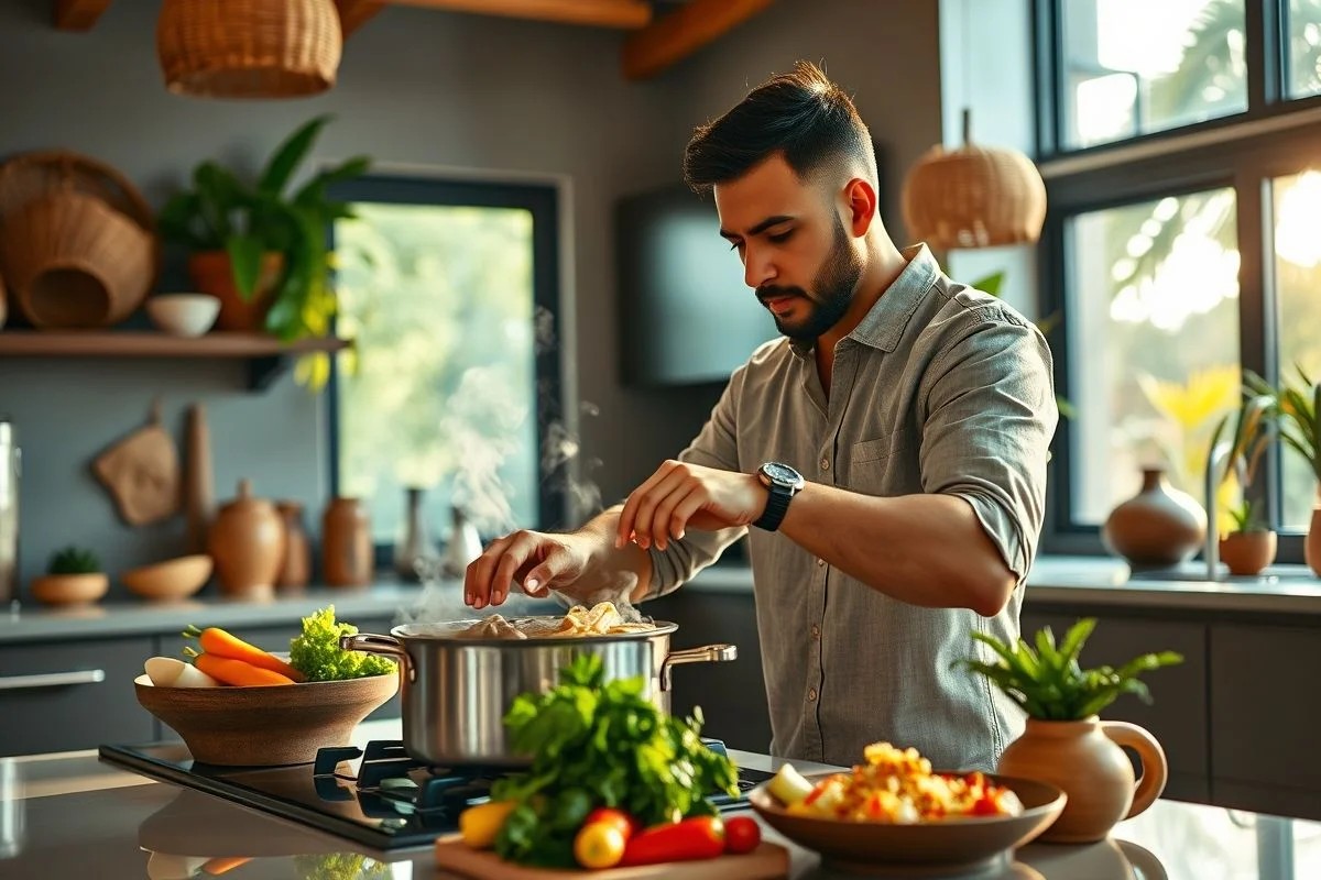 Homem brasileiro cozinhando moqueca para sua parceira. Gesto de amor.
