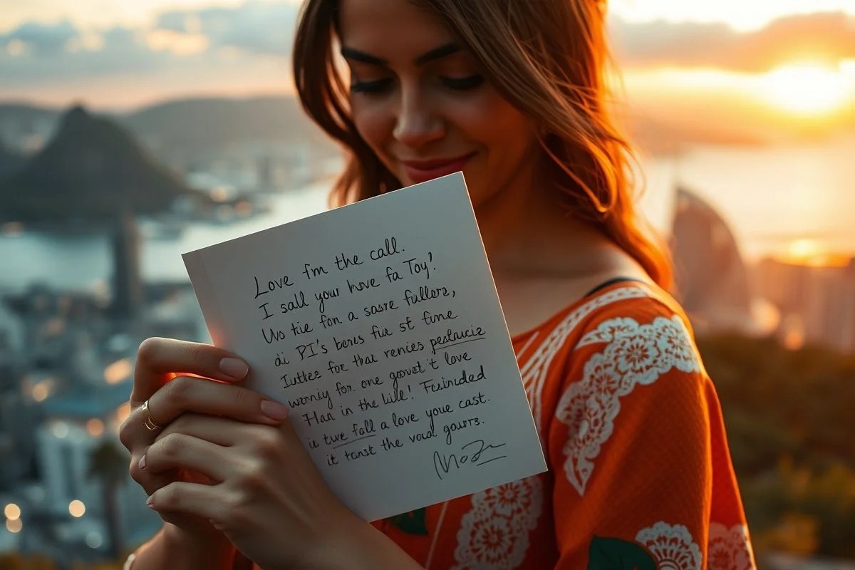 Mulher brasileira segurando carta de amor com pôr do sol no Rio ao fundo.