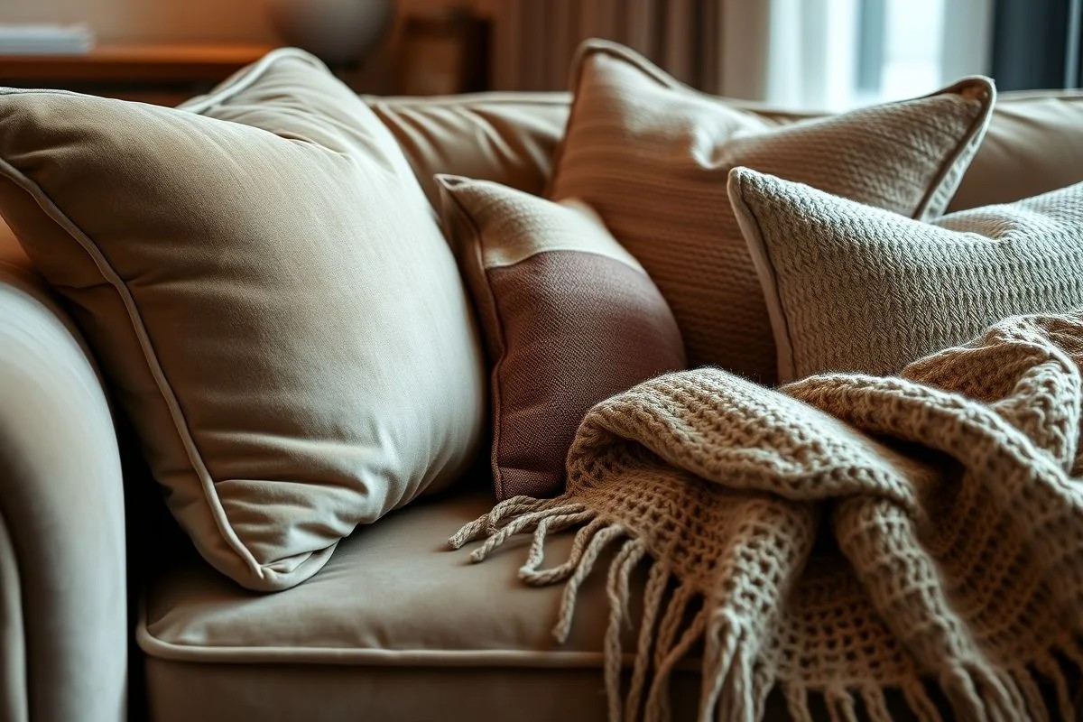 Cozy living room with velvet sofa, patterned cushions, and soft throw blanket.