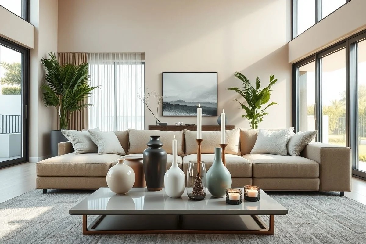 Living room coffee table with vases, candles, and sculpture.
