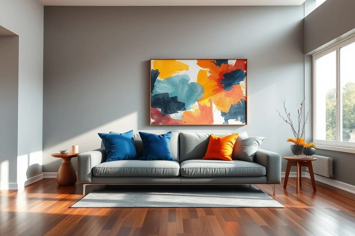 Modern living room with gray walls, colorful pillows, and abstract art.