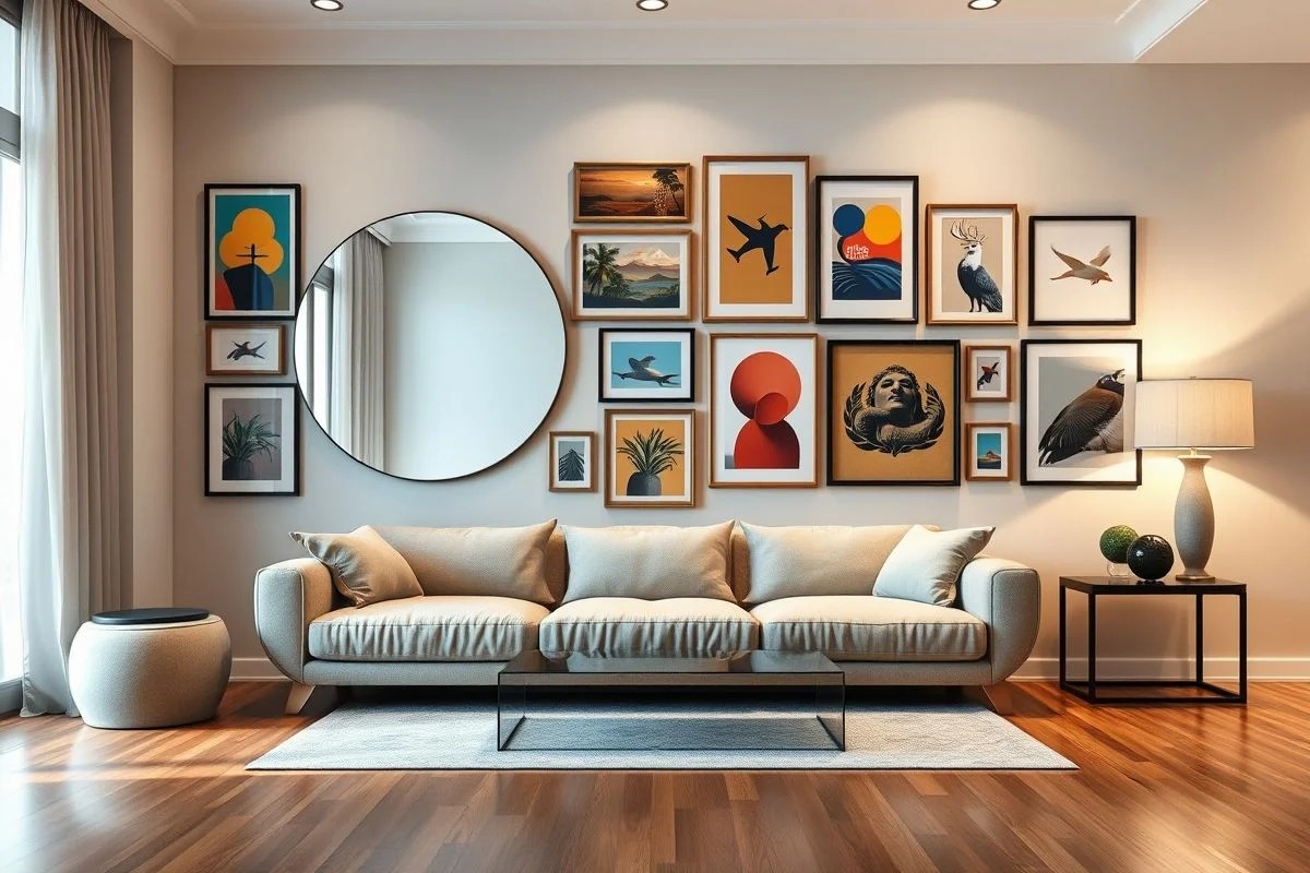 Living room gallery wall with art prints and a round mirror.