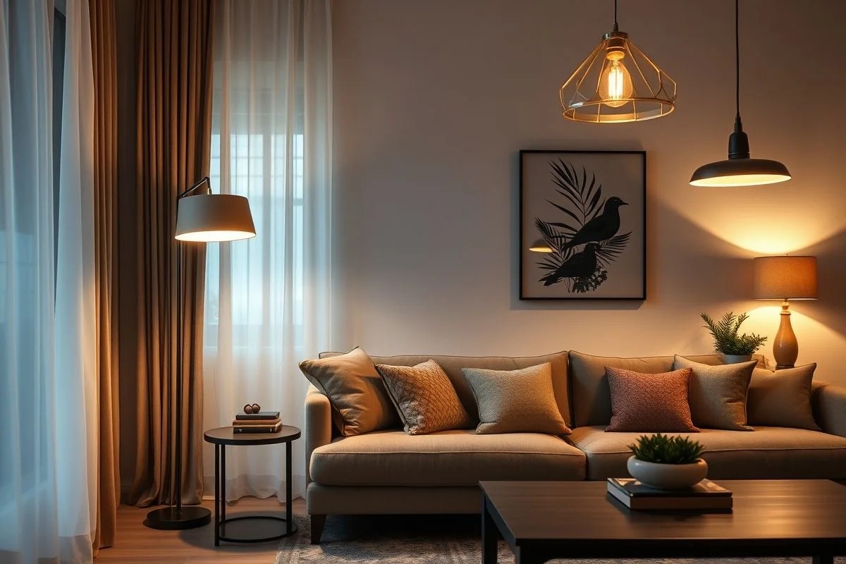Living room with floor lamp, table lamp, and pendant light.