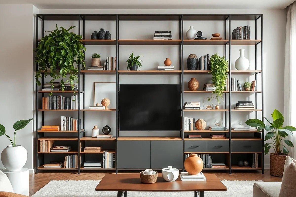 Living room shelving unit with books, plants, and decor.