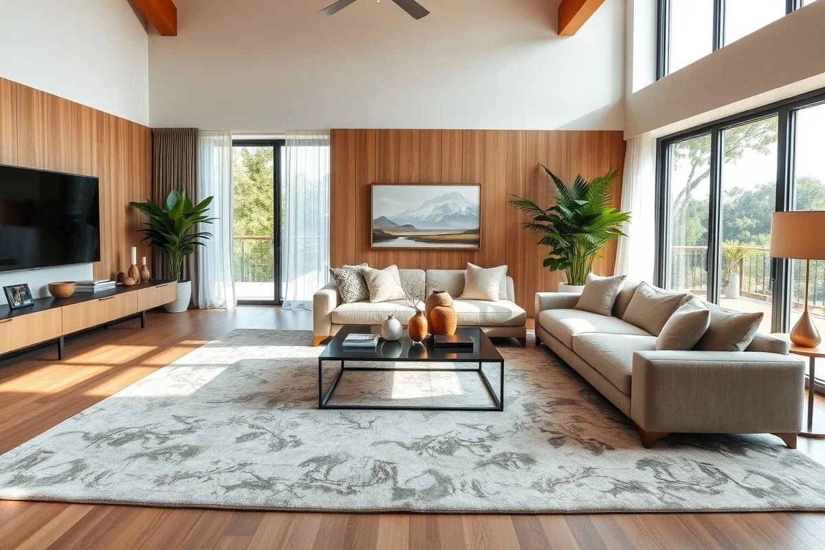 Living room with large area rug, sofa, and coffee table.